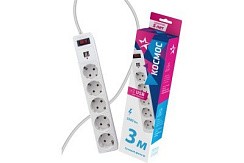 Фото Фильтр сетевой 5 гнёзд, 3м , белый, пвс 3х0,75мм2, 2 USB, КОСМОС